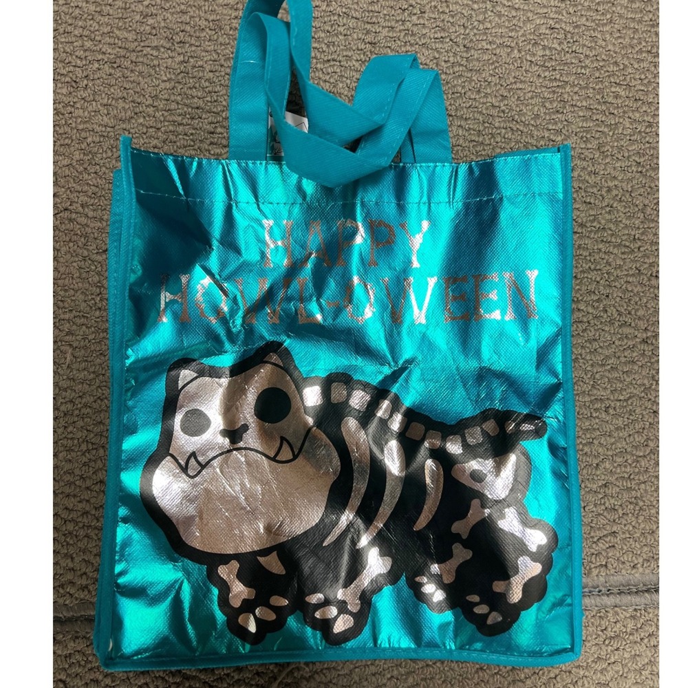 Smart Living Halloween Reflective Treat Bag Teal Blue Skeleton Bulldog Tote NWT